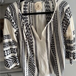 Boho Black & Cream Peasant Blouse with Geometric Print
